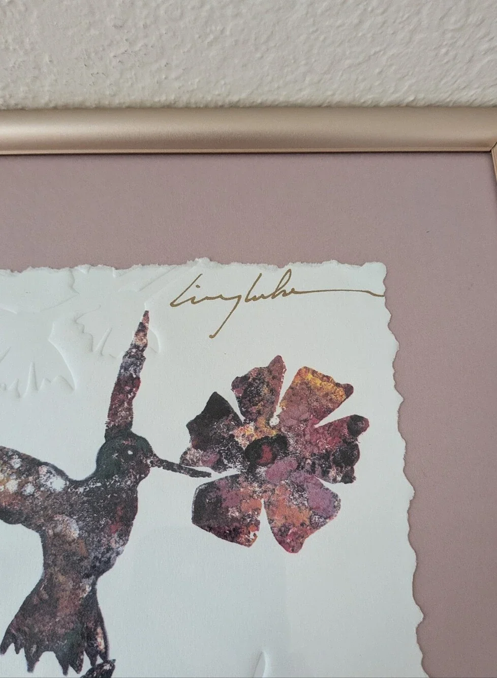 King Kuka Embossed Lithograph Hummingbird Framed Matted 12.25